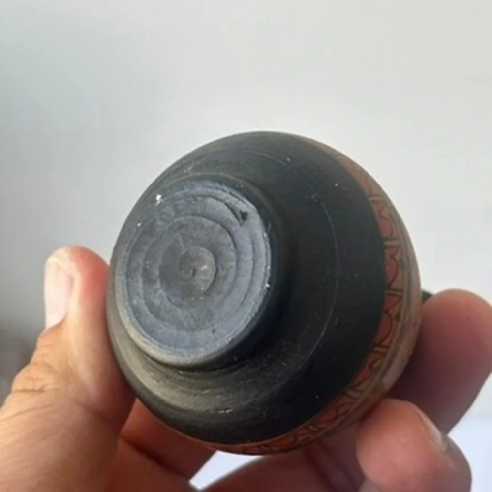 Vintage Miniature Hand Painted Pottery Vase Geometric Tribal Terracotta Black 3